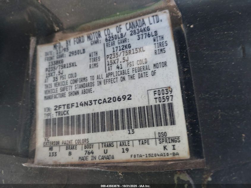 1996 Ford F150 VIN: 2FTEF14N3TCA20692 Lot: 43583876