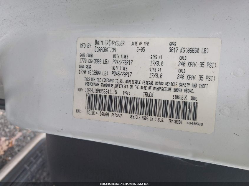 2005 Dodge Ram 1500 Slt/Laramie VIN: 1D7HU18N95S341119 Lot: 43583884