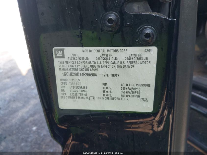 2004 Chevrolet Silverado 2500Hd Ls VIN: 1GCHC29U14E265904 Lot: 43583891
