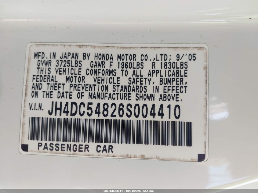 2006 Acura Rsx VIN: JH4DC54826S004410 Lot: 43583911