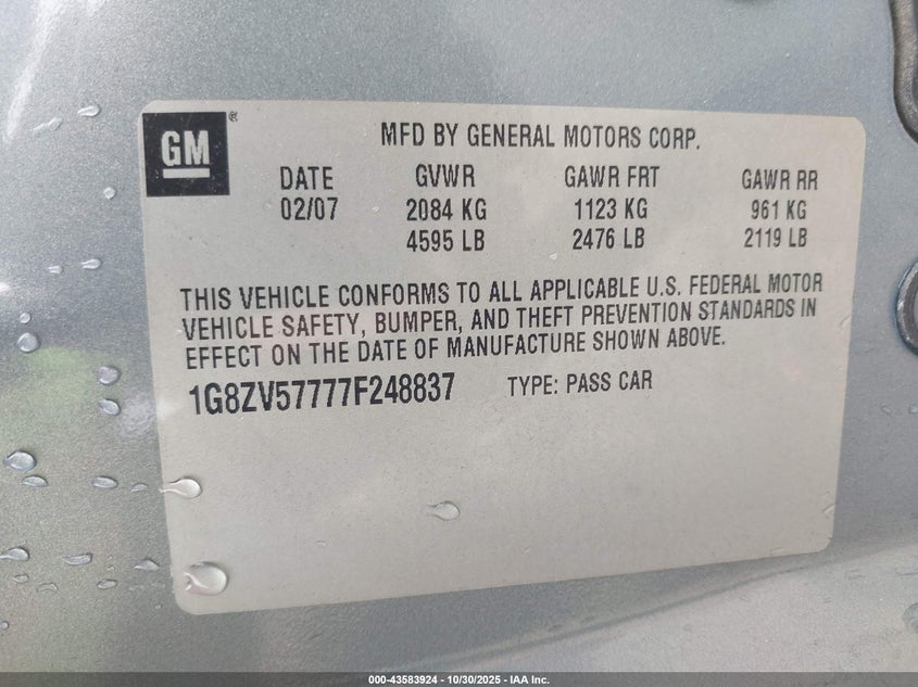 2007 Saturn Aura Xr VIN: 1G8ZV57777F248837 Lot: 43583924