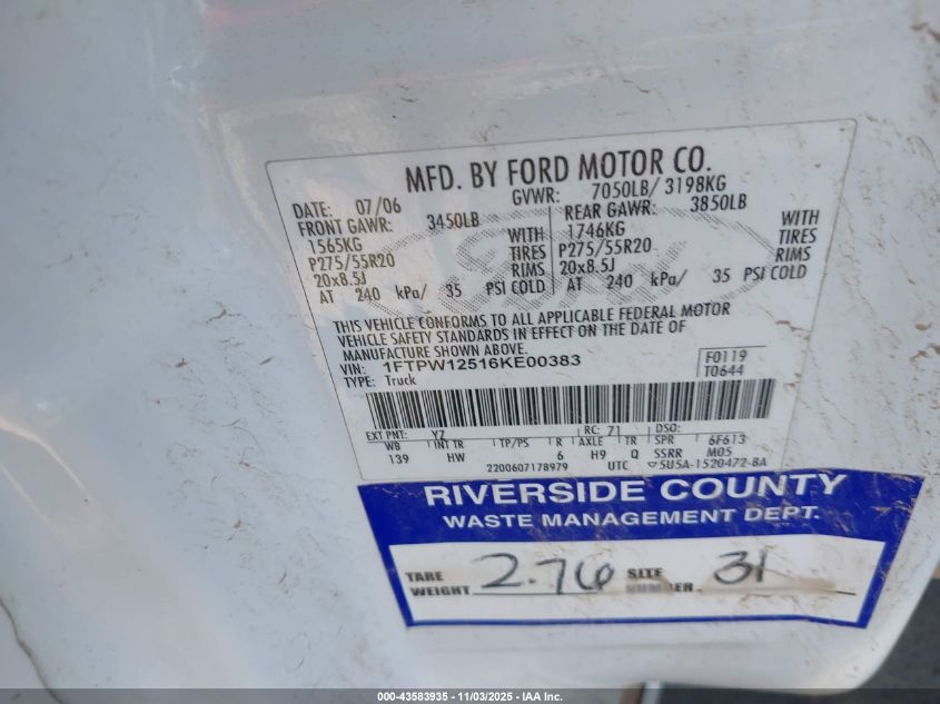 2006 Ford F-150 Lariat/Xlt VIN: 1FTPW12516KE00383 Lot: 43583935