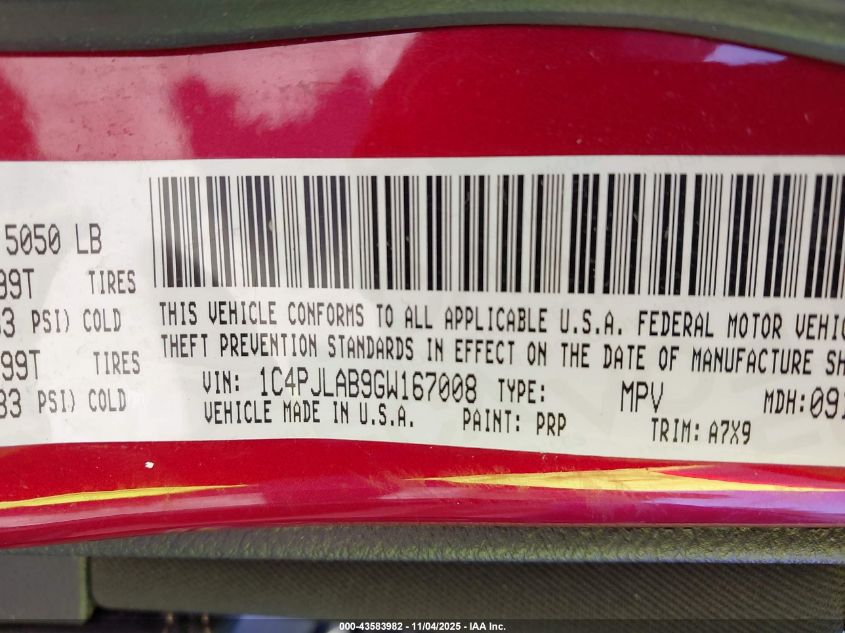 2016 Jeep Cherokee Sport VIN: 1C4PJLAB9GW167008 Lot: 43583982