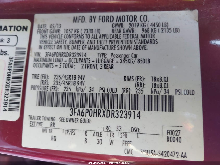 2013 FORD FUSION SE 3FA6P0HRXDR323914
