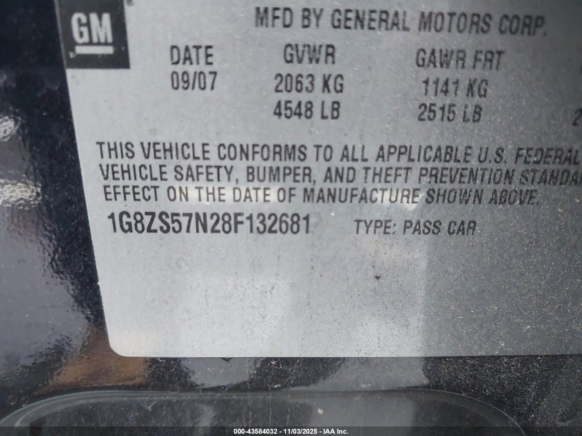 2008 Saturn Aura Xe VIN: 1G8ZS57N28F132681 Lot: 43584032