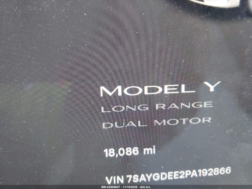 2023 Tesla Model Y Awd/Long Range Dual Motor All-Wheel Drive VIN: 7SAYGDEE2PA192866 Lot: 43584047