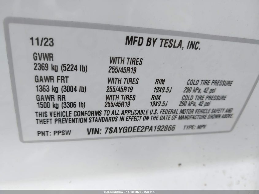 2023 Tesla Model Y Awd/Long Range Dual Motor All-Wheel Drive VIN: 7SAYGDEE2PA192866 Lot: 43584047