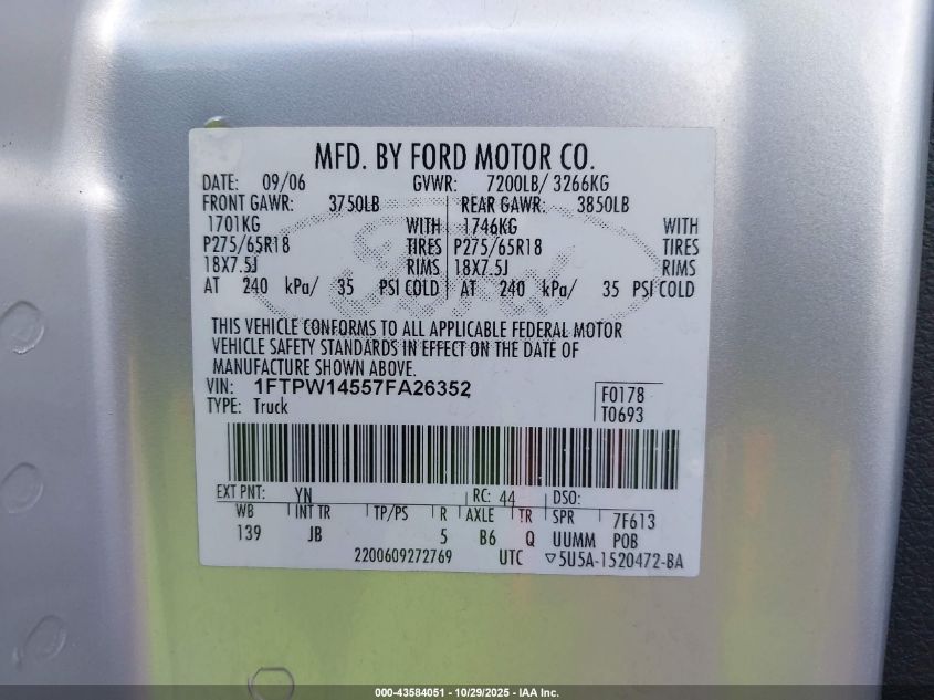 2007 Ford F-150 Fx4/Lariat/Xlt VIN: 1FTPW14557FA26352 Lot: 43584051