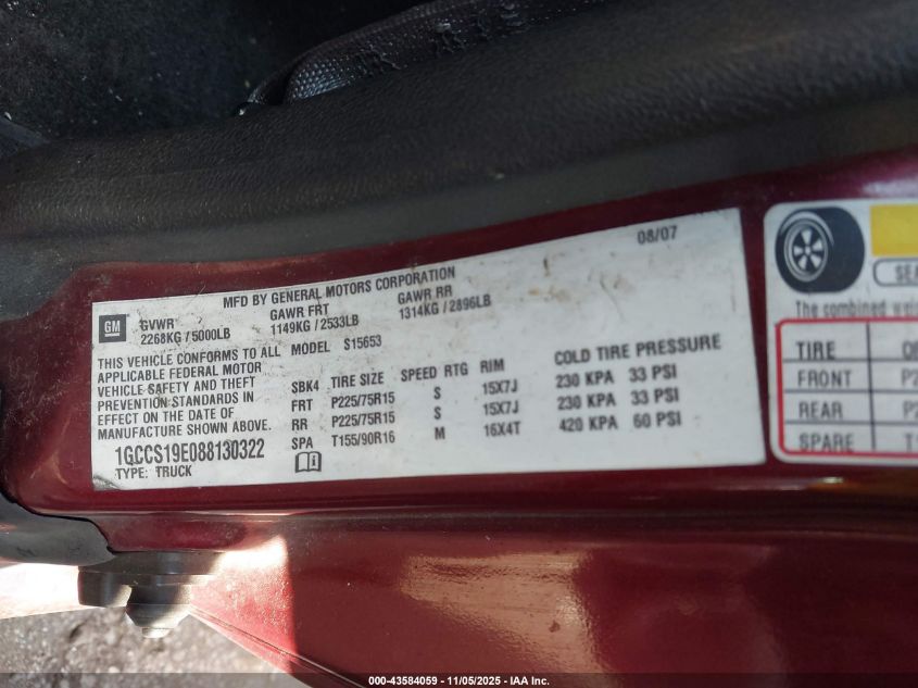 2008 Chevrolet Colorado Lt VIN: 1GCCS19E088130322 Lot: 43584059