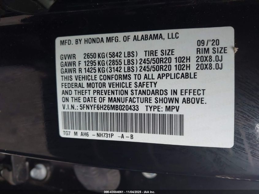2021 Honda Pilot Awd Special Edition VIN: 5FNYF6H26MB020433 Lot: 43584061