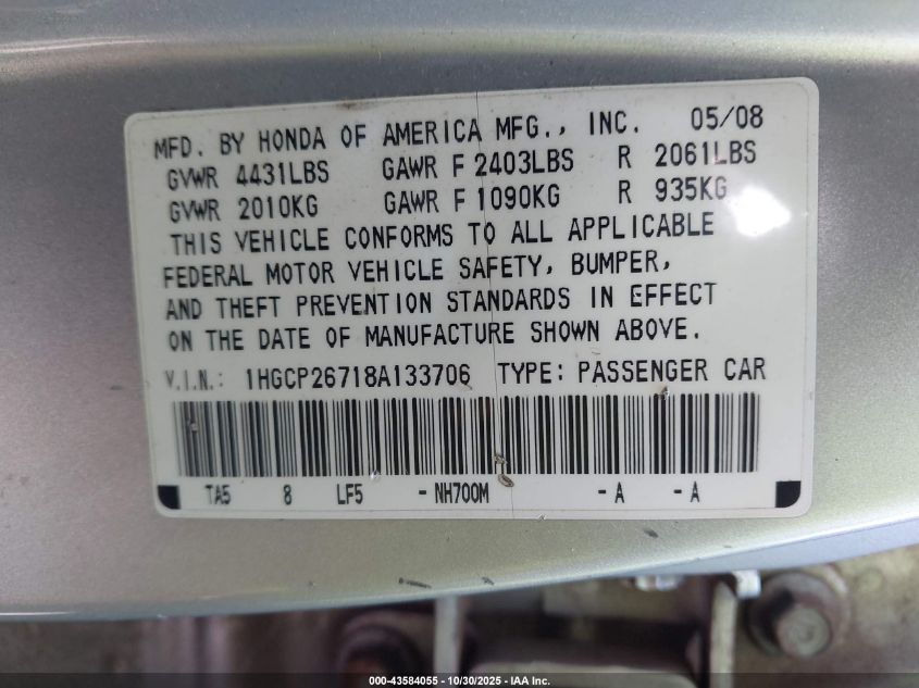 2008 Honda Accord 2.4 Ex VIN: 1HGCP26718A133706 Lot: 43584055