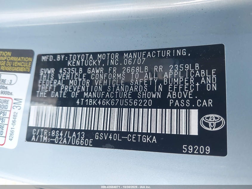 4T1BK46K67U556220 2007 TOYOTA CAMRY photo no. 9