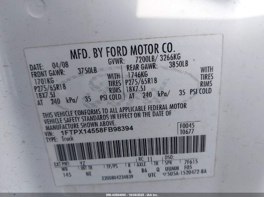 2008 Ford F-150 Fx4/Lariat/Xl/Xlt VIN: 1FTPX14558FB98394 Lot: 43584080