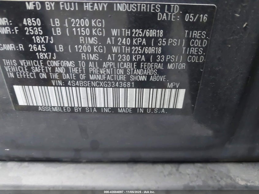 2016 SUBARU OUTBACK 3.6R LIMITED 4S4BSENCXG3343681