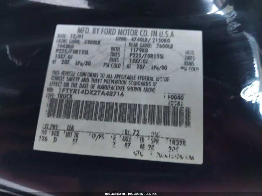 2002 Ford Ranger Xl/Xlt VIN: 1FTYR14DX2TA48716 Lot: 43584120