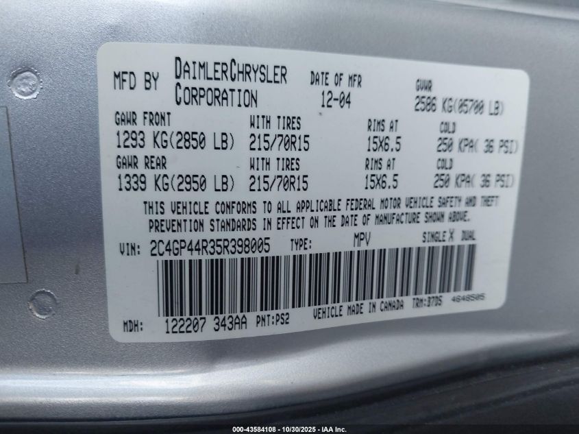 2005 Chrysler Town & Country Lx VIN: 2C4GP44R35R398005 Lot: 43584108