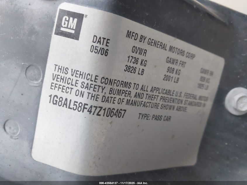 2007 Saturn Ion 3 VIN: 1G8AL58F47Z106467 Lot: 43584137