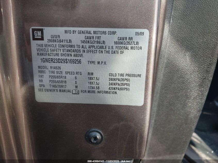 2009 Chevrolet Traverse Lt VIN: 1GNER23D29S169256 Lot: 43584143