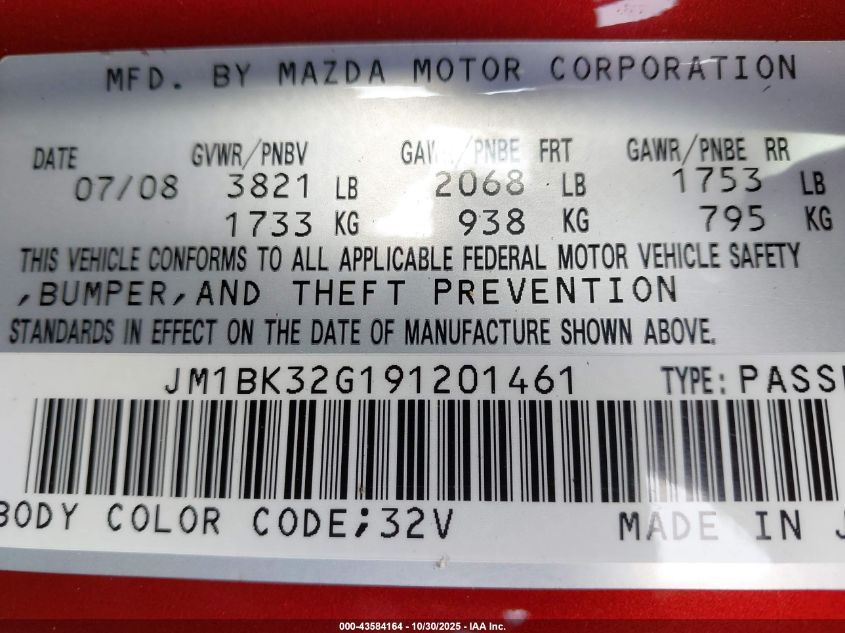 2009 Mazda Mazda3 I VIN: JM1BK32G191201461 Lot: 43584164