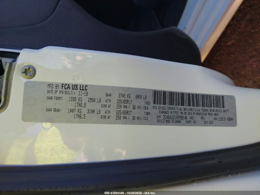 2019 Dodge Grand Caravan Sxt 35Th Anniversary Edition VIN: 2C4RDGCG1KR799146 Lot: 43584186