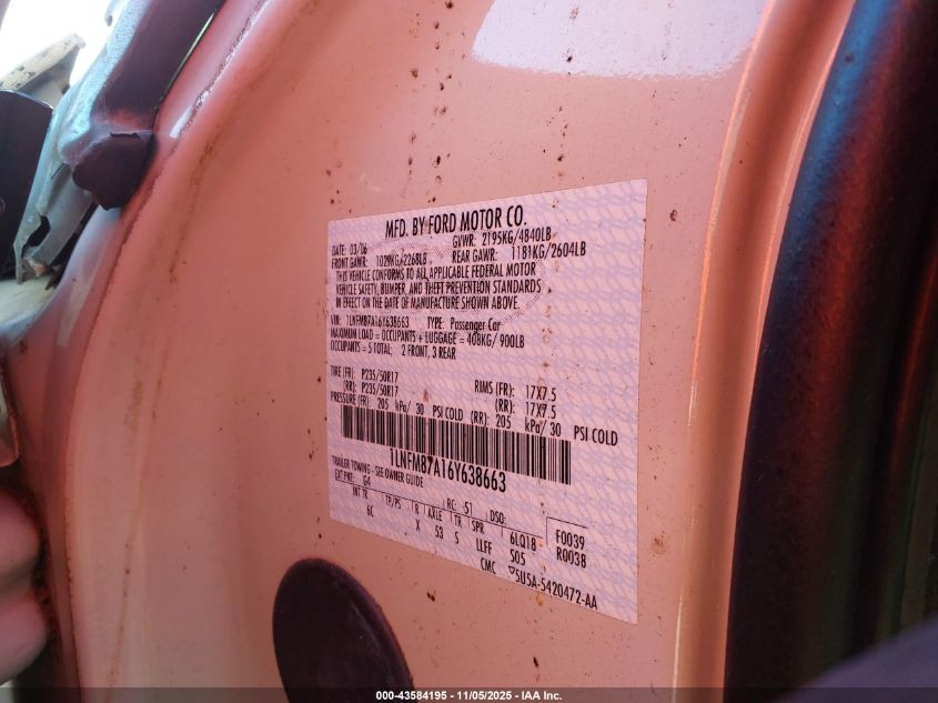 2006 Lincoln Ls V8 VIN: 1LNFM87A16Y638663 Lot: 43584195