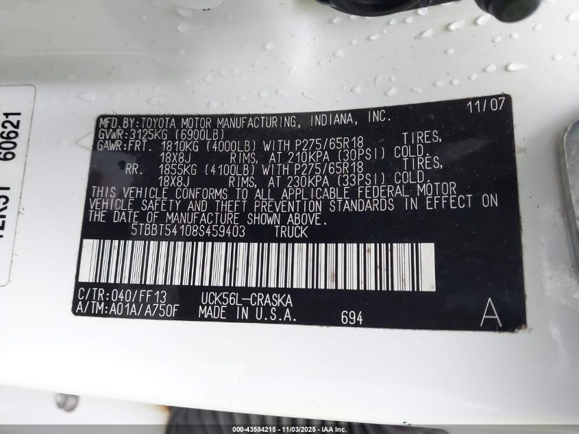 2008 Toyota Tundra Sr5 4.7L V8 VIN: 5TBBT54108S459403 Lot: 43584215