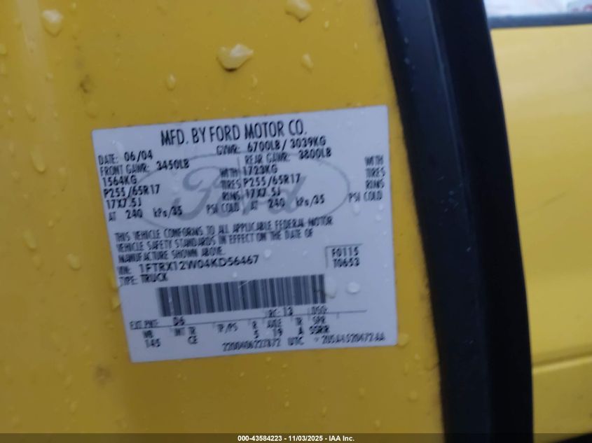 2004 Ford F-150 Stx/Xl/Xlt VIN: 1FTRX12W04KD56467 Lot: 43584223