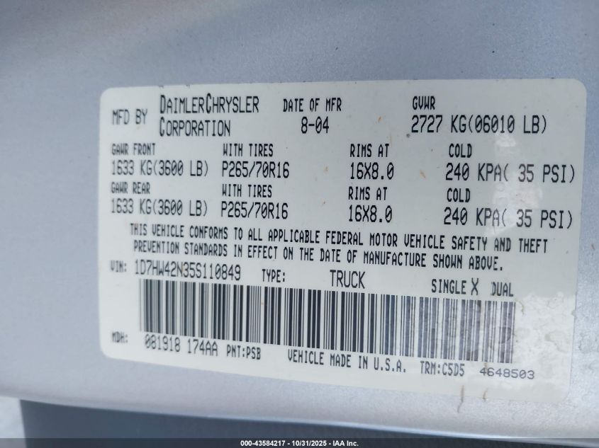 2005 Dodge Dakota Slt VIN: 1D7HW42N35S110849 Lot: 43584217