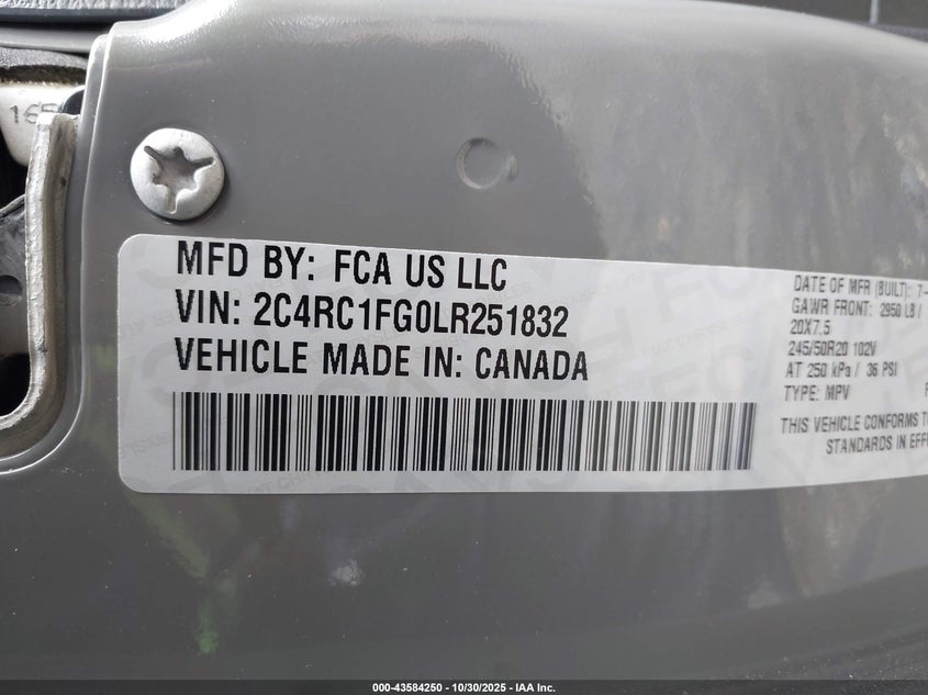 2020 Chrysler Pacifica Touring VIN: 2C4RC1FG0LR251832 Lot: 43584250