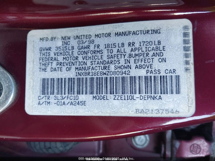 1998 Toyota Corolla Le VIN: 1NXBR18E8WZ080942 Lot: 43584266