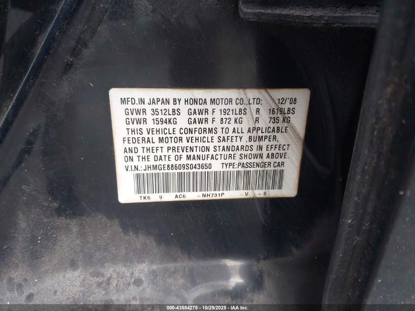 2009 Honda Fit Sport VIN: JHMGE88609S043650 Lot: 43584278