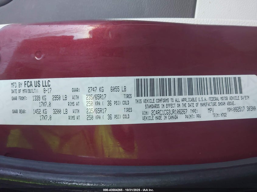 2018 Chrysler Pacifica Lx VIN: 2C4RC1CG3JR106267 Lot: 43584265