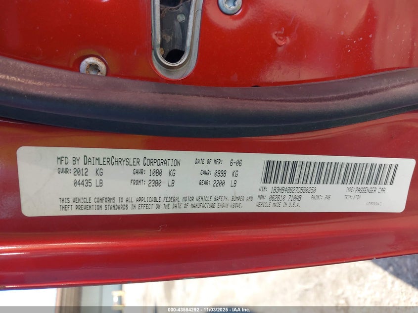 2007 Dodge Caliber Sxt VIN: 1B3HB48B27D590250 Lot: 43584292