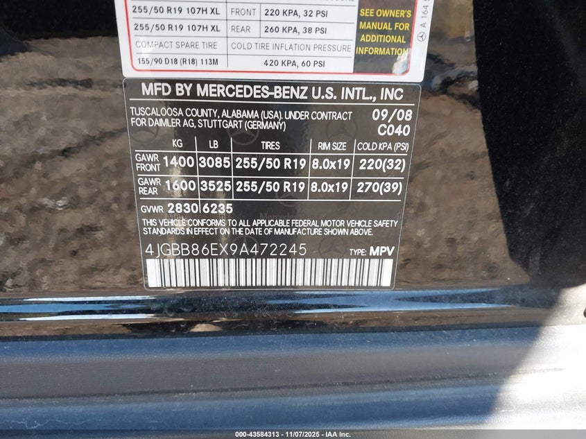 2009 Mercedes-Benz Ml 350 4Matic VIN: 4JGBB86EX9A472245 Lot: 43584313