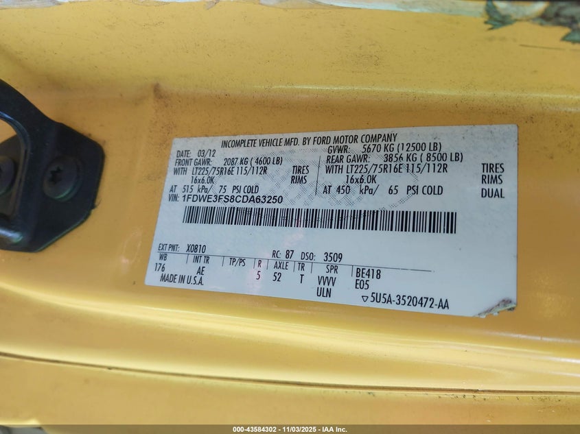 2012 Ford E-350 Cutaway VIN: 1FDWE3FS8CDA63250 Lot: 43584302