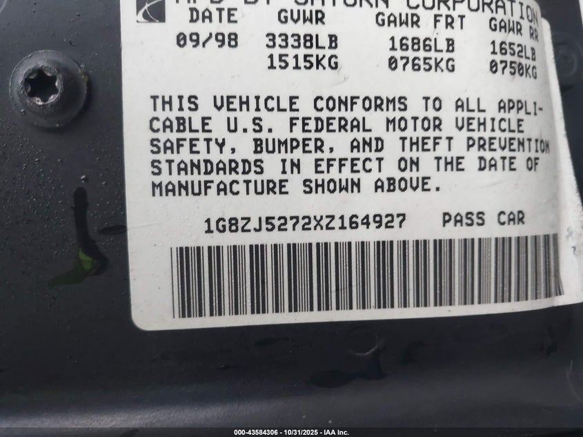 1999 Saturn Sl2 VIN: 1G8ZJ5272XZ164927 Lot: 43584306