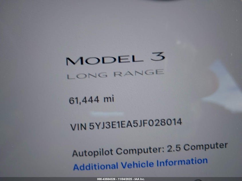 2018 Tesla Model 3 Long Range/Mid Range VIN: 5YJ3E1EA5JF028014 Lot: 43584326