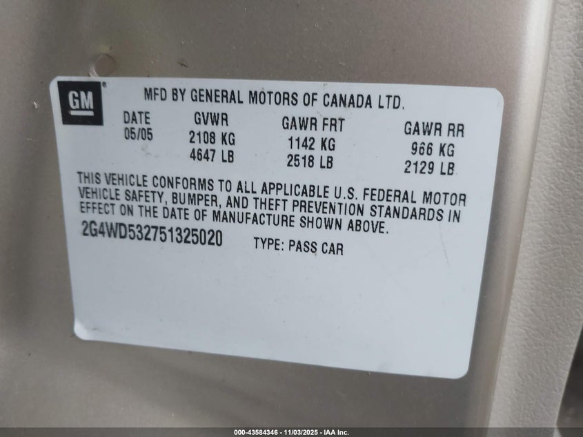 2005 Buick Lacrosse Cxl VIN: 2G4WD532751325020 Lot: 43584346