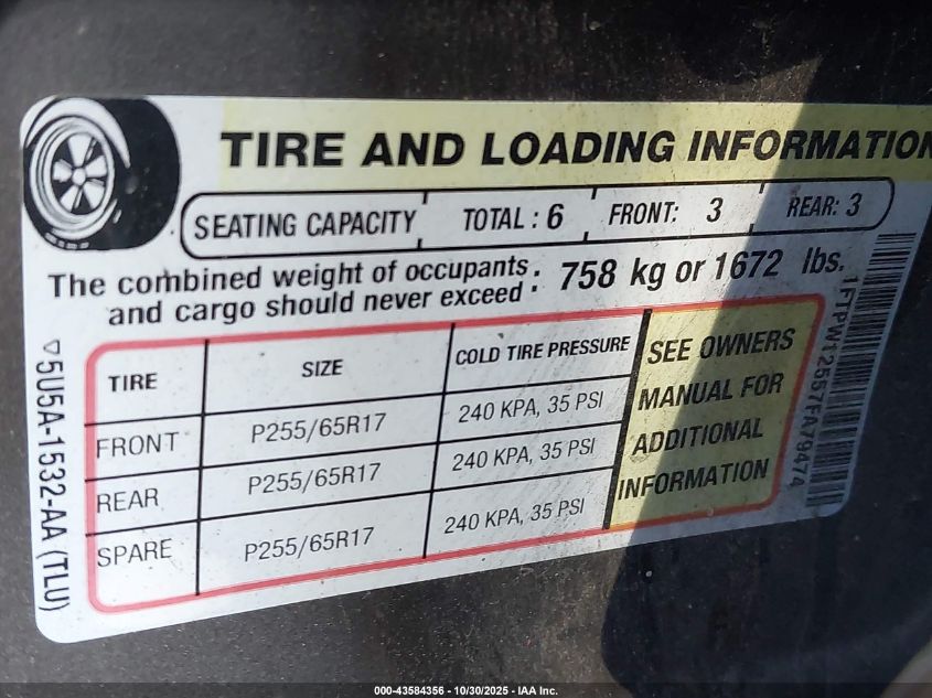 2007 Ford F-150 Fx2/Lariat/Xlt VIN: 1FTPW12557FA79474 Lot: 43584356