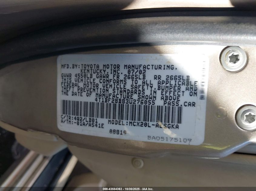 2003 Toyota Avalon Xls VIN: 4T1BF28B83U276055 Lot: 43584363