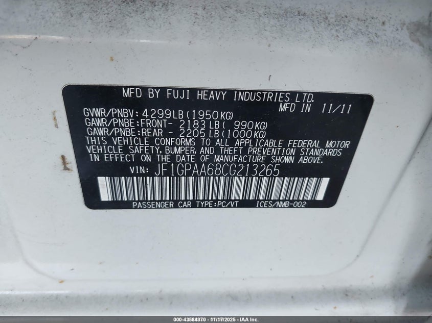 2012 Subaru Impreza 2.0I VIN: JF1GPAA68CG213265 Lot: 43584370