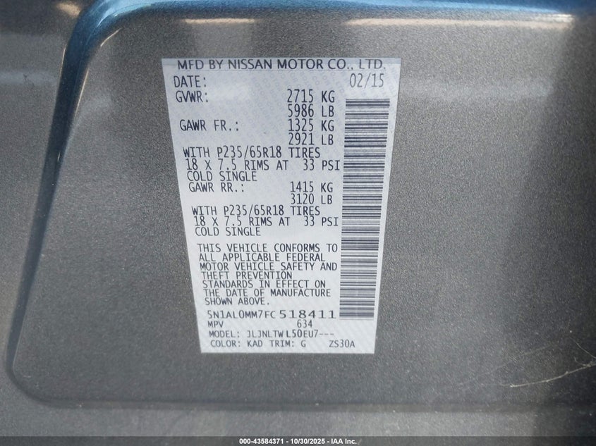 5N1AL0MM7FC518411 2015 INFINITI QX60 photo no. 9