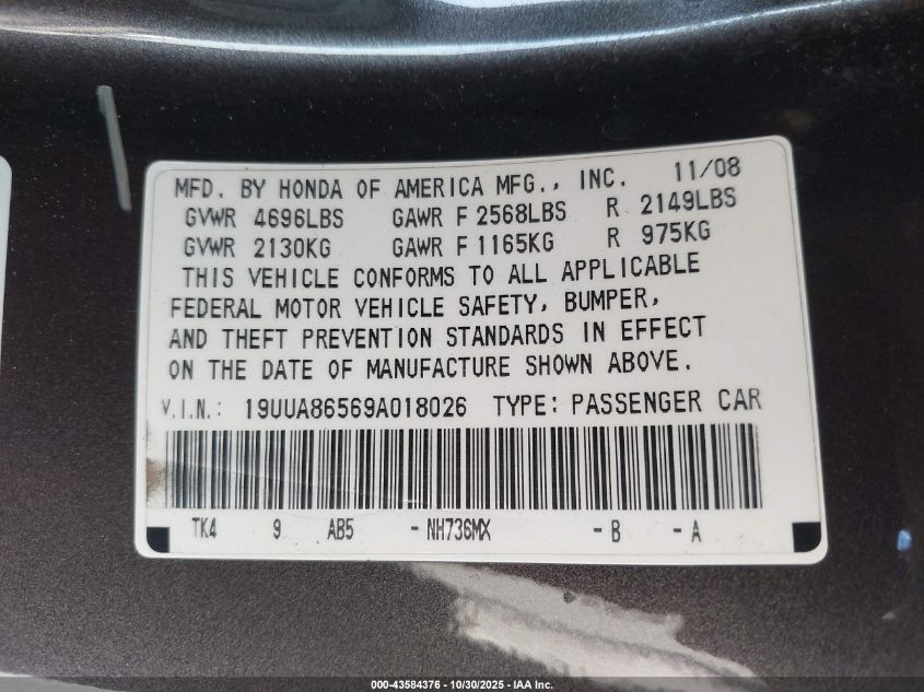 2009 Acura Tl 3.5 VIN: 19UUA86569A018026 Lot: 43584376
