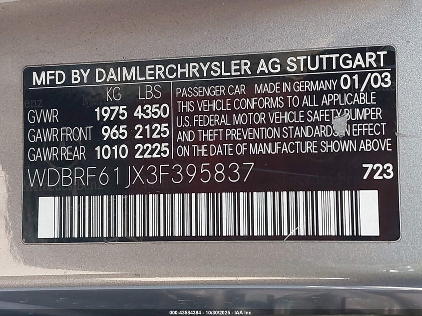 2003 Mercedes-Benz C 240 VIN: WDBRF61JX3F395837 Lot: 43584384