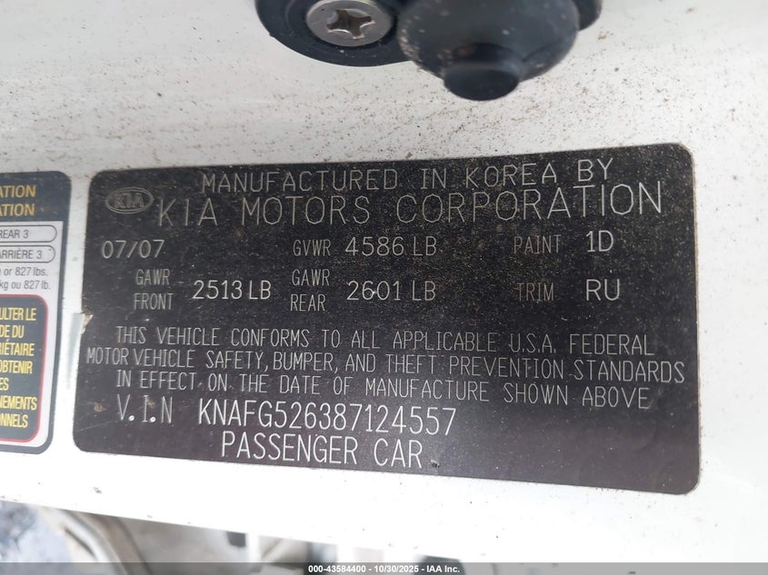 2008 Kia Rondo Lx V6 VIN: KNAFG526387124557 Lot: 43584400