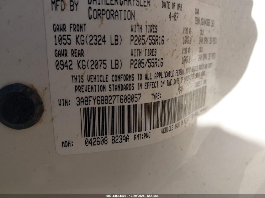 2007 Chrysler Pt Cruiser Limited VIN: 3A8FY68827T608057 Lot: 43584406