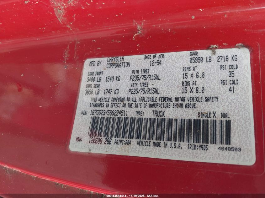 1995 Dodge Dakota VIN: 1B7GG23Y5SS224511 Lot: 43584414