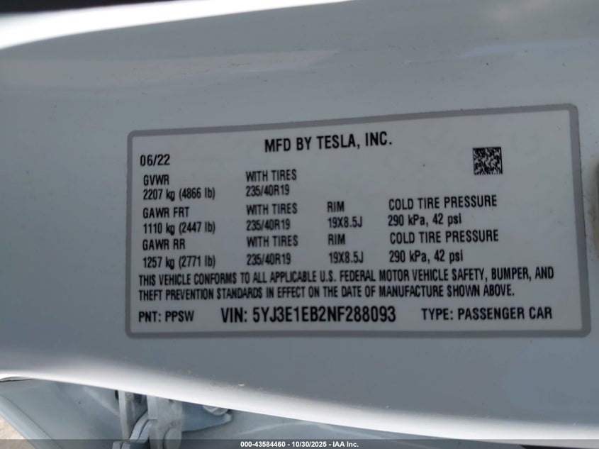 2022 Tesla Model 3 Long Range Dual Motor All-Wheel Drive VIN: 5YJ3E1EB2NF288093 Lot: 43584460