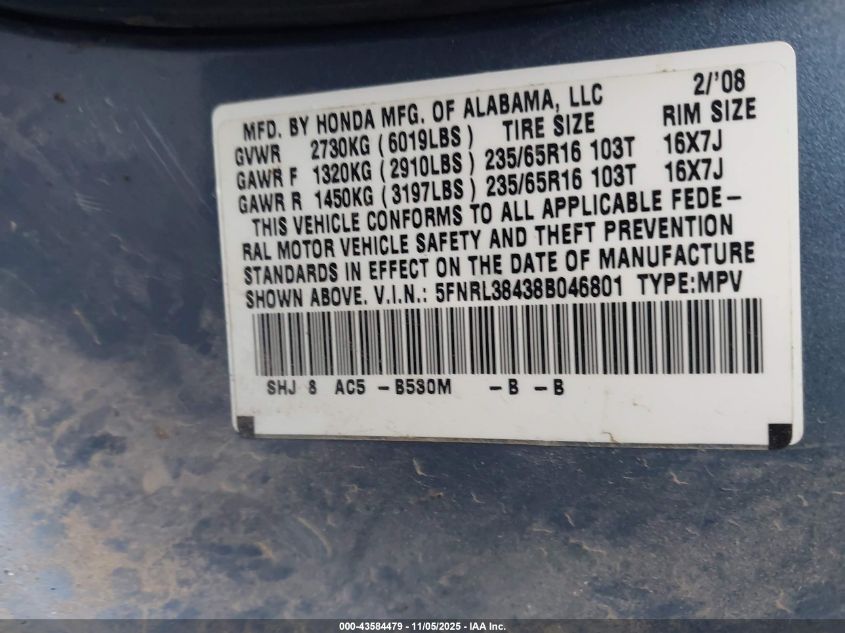 2008 Honda Odyssey Ex VIN: 5FNRL38438B046801 Lot: 43584479