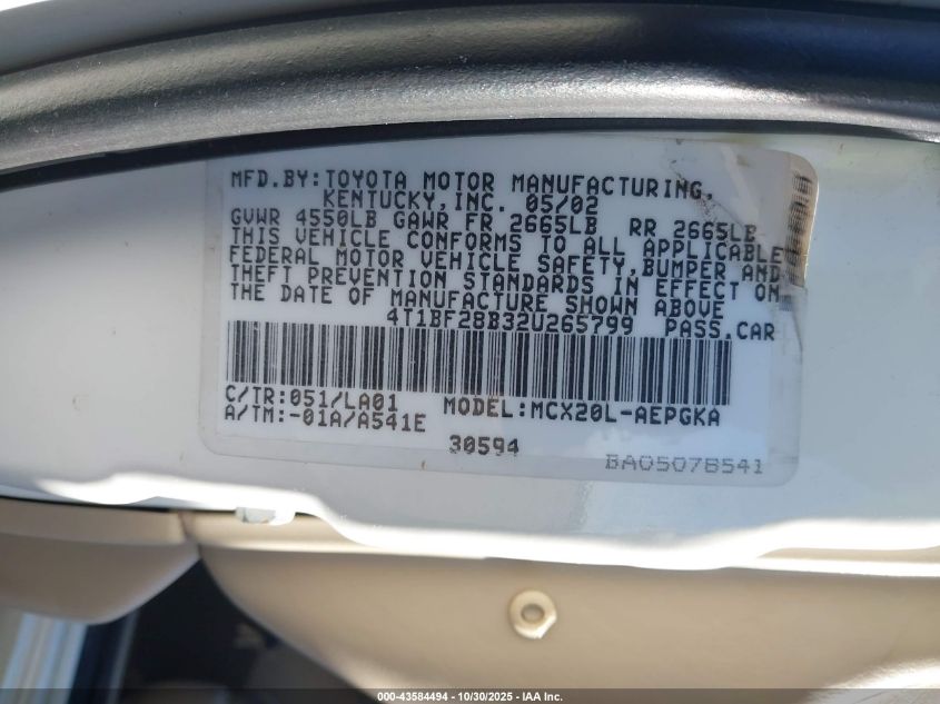 2002 Toyota Avalon Xls VIN: 4T1BF28B32U265799 Lot: 43584494